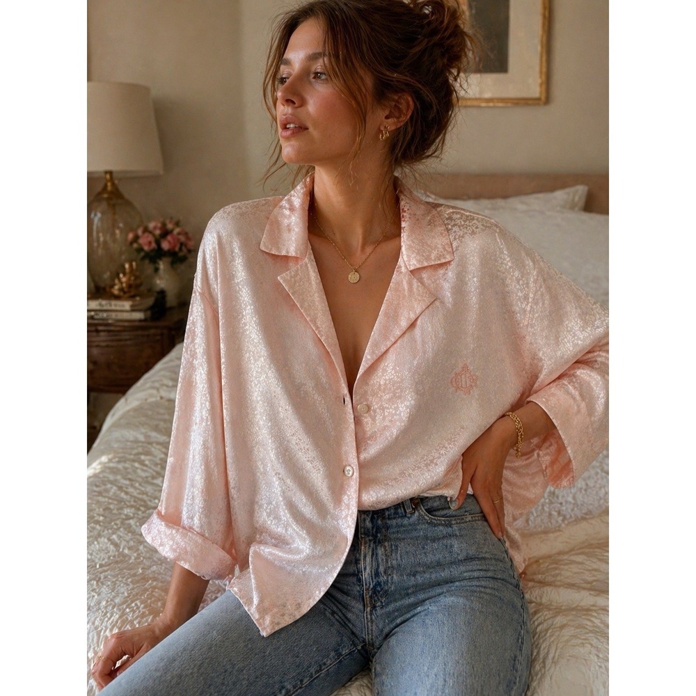 Vintage Christian Dior Pajama Top L Pink Jacquard Monogram Satin Lounge Shirt